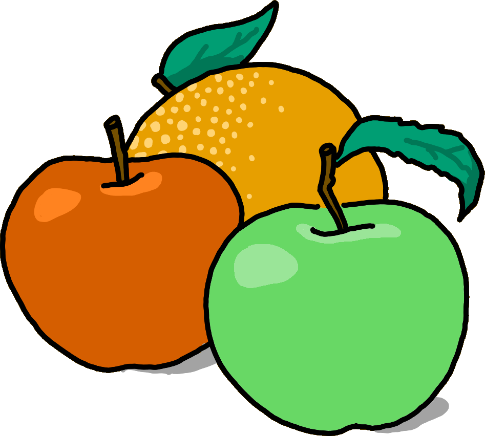 An illustration of a red apple, a green apple, and an orange.