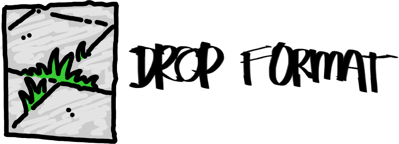 A Drop Format emblem: A stylised drawing of tufty grass growing in between the cracks of paving stones, next to a graffiti-styled rendition of the words "Drop Format".